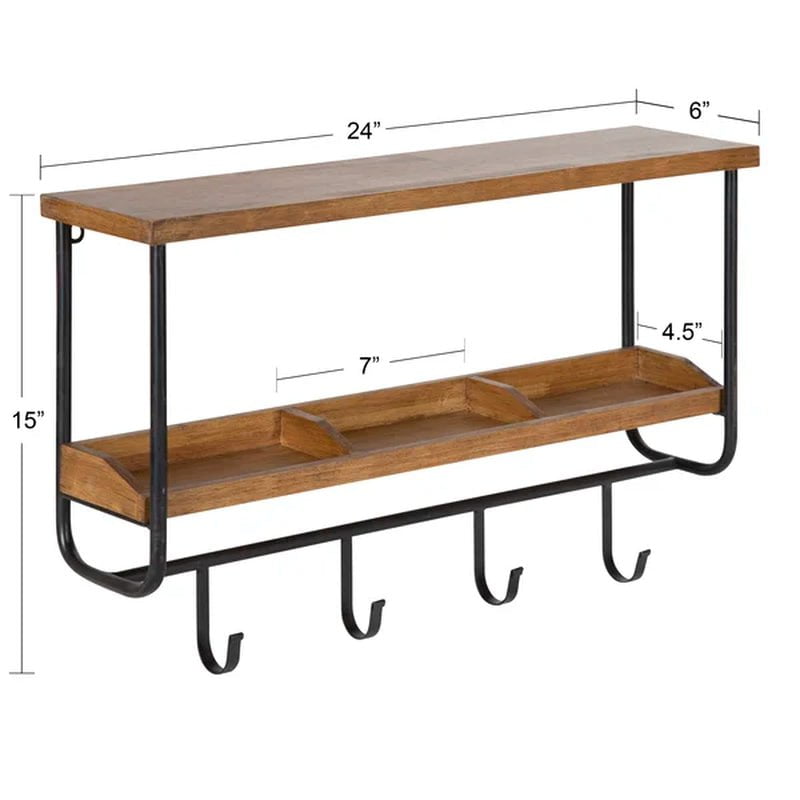 Oddell Wood Wall Shelf with Hooks 24X6X15 Rustic Brown