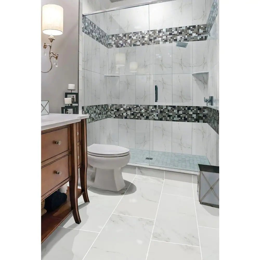 Carrara 12 In. X 24 In. Polished Porcelain Stone Look Floor and Wall Tile (16 Sq. Ft./Case)