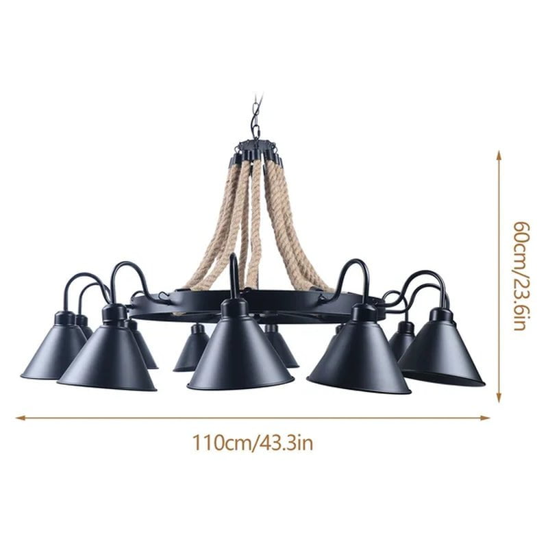 Iasos Industrial Farmhouse 12 Light Pendant Lamp Hemp Rope Chandelier Ceiling Fixture