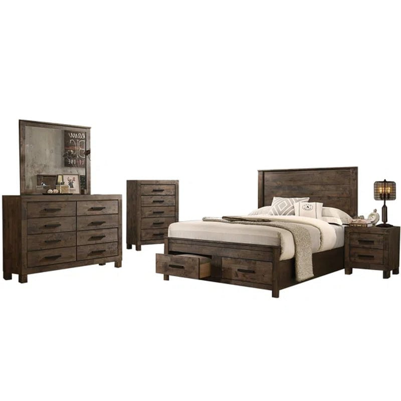 Sherman 5 Piece Wooden Storage Queen Platform Bedroom Set in Rustic Golden Brown