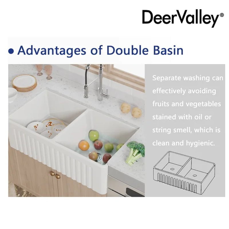 Eclipse 33" L X 18" W Double Basin Farmhouse Kitchen Sink with Sink Grid and Basket Strainer