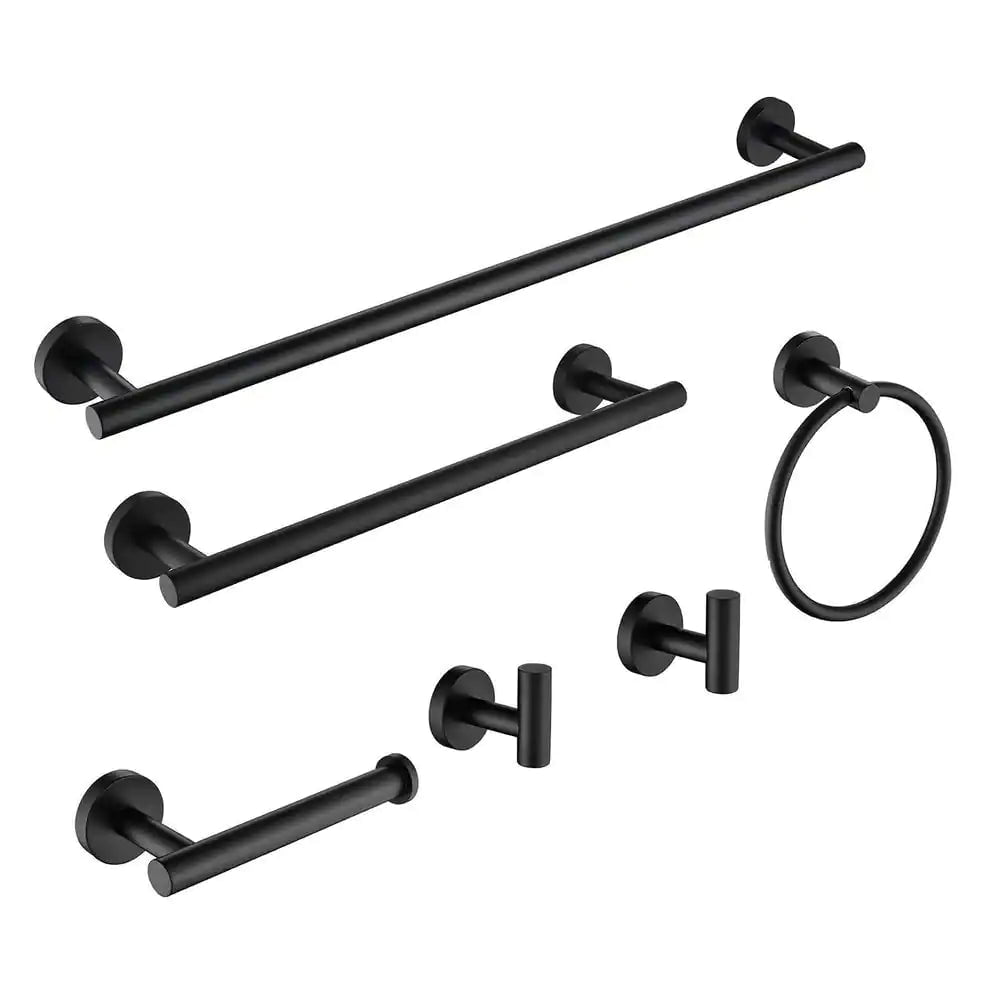 Modern 6-Pieces Bath Hardware Set with Towel Rail*2 Paper Towel Rack*1 Towel Ring*1 Hook*2 in Matte Black