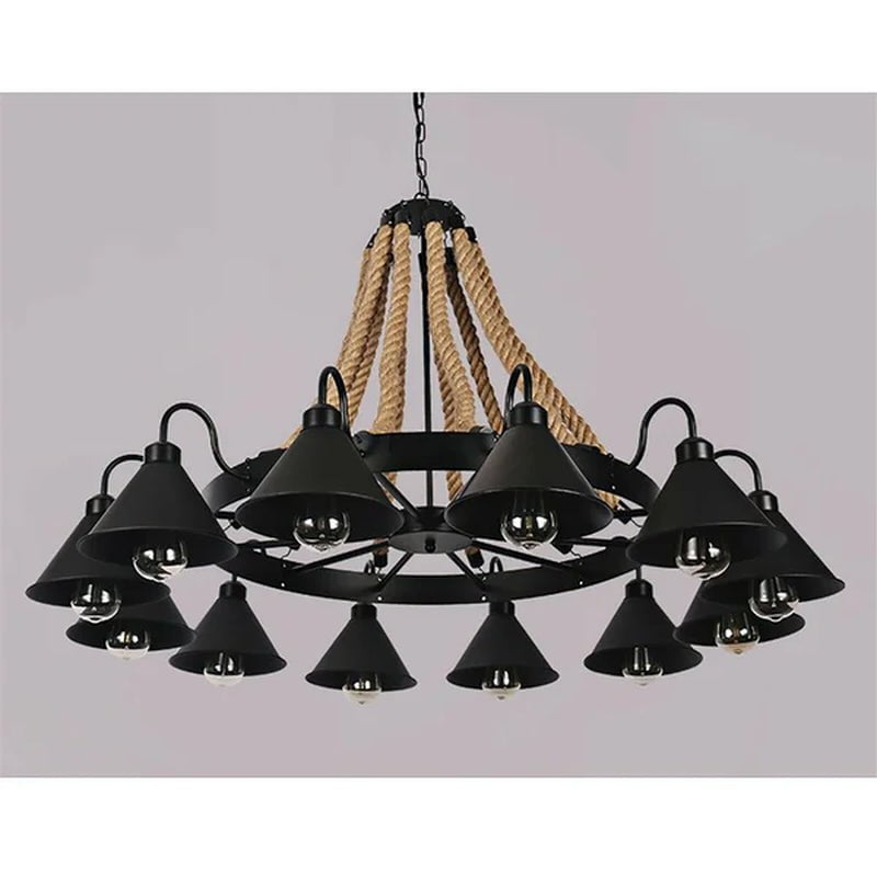 Iasos Industrial Farmhouse 12 Light Pendant Lamp Hemp Rope Chandelier Ceiling Fixture