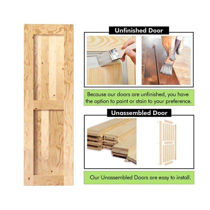 Paneled Solid Wood Unfinished Double Barn Door with Installation Hardware Kit