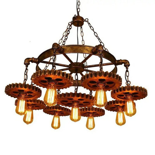 Industrial Gear Chandelier, 9 Lights Vintage Industrial Cast Iron Gear Chandelier,Industrial Pendant Light for Living Room, Restaurant,Bar, Cafe Decorative Lighting (9 Light)
