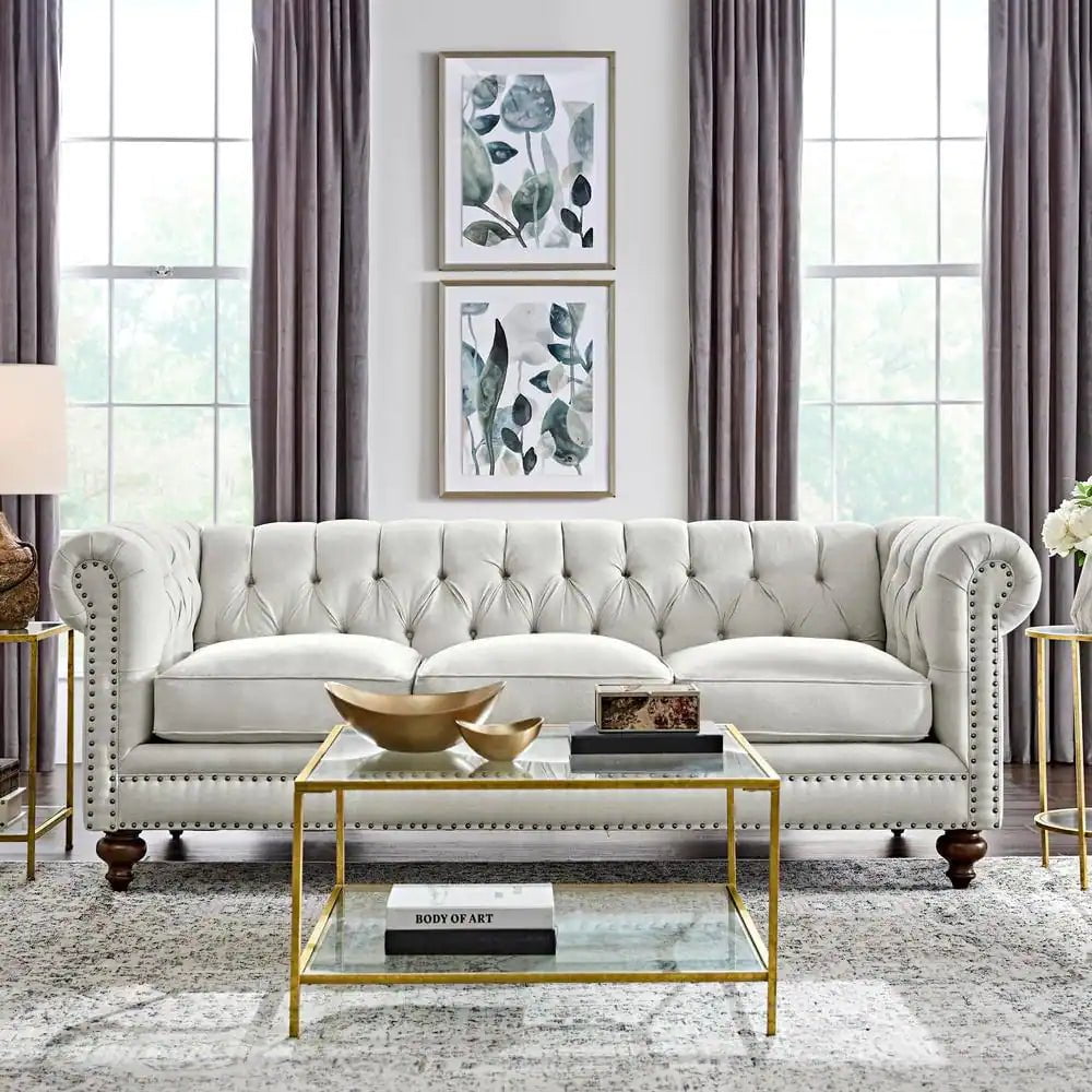 Blakely 95 In. Max Buff Natural Tweed Fabric 3 -Seater Chesterfield Sofa with Removable Cushions