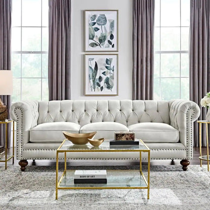 Blakely 95 In. Max Buff Natural Tweed Fabric 3 -Seater Chesterfield Sofa with Removable Cushions