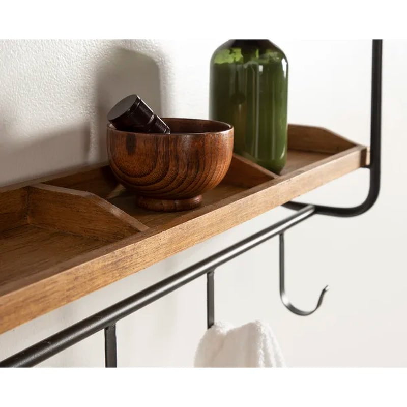 Oddell Wood Wall Shelf with Hooks 24X6X15 Rustic Brown