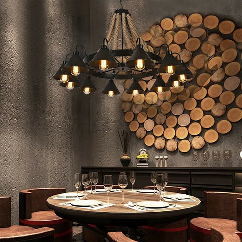 Iasos Industrial Farmhouse 12 Light Pendant Lamp Hemp Rope Chandelier Ceiling Fixture