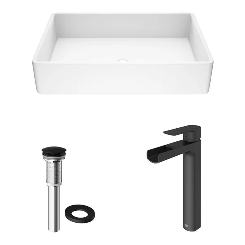 Matte Stone 13.875'' Matte Black Stone Rectangular Vessel Bathroom Sink with Faucet