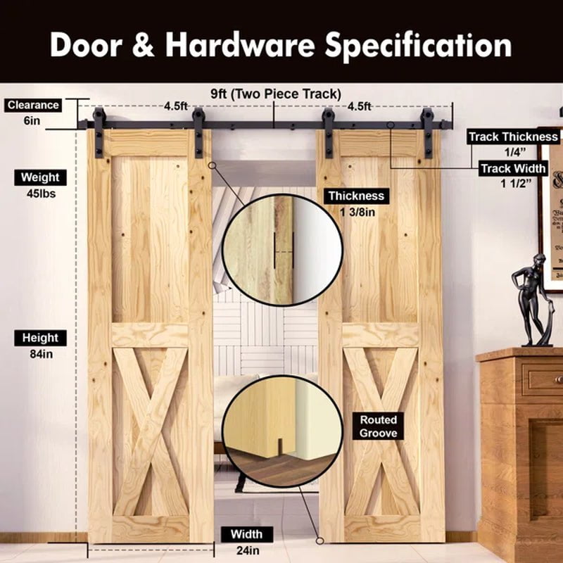 Paneled Solid Wood Unfinished Double Barn Door with Installation Hardware Kit