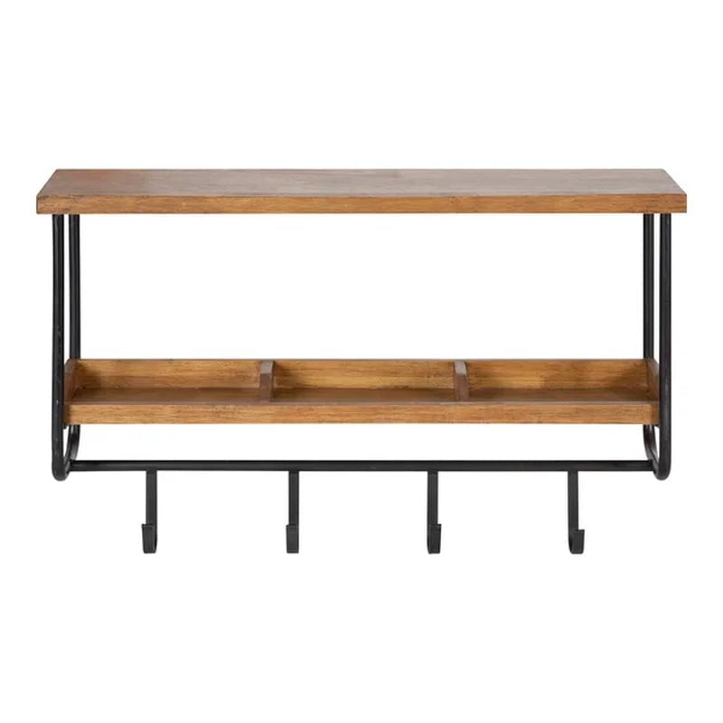 Oddell Wood Wall Shelf with Hooks 24X6X15 Rustic Brown