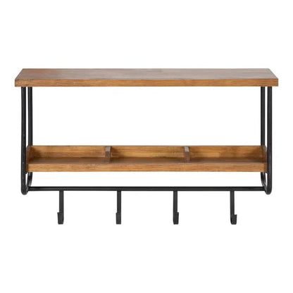 Oddell Wood Wall Shelf with Hooks 24X6X15 Rustic Brown