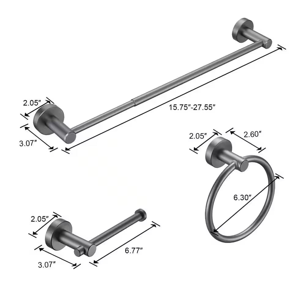 Modern 3-Piece Bath Hardware Set with Retractable Towel Bar*1, Towel Ring*1, Toilet Paper Holder*1 in Gray