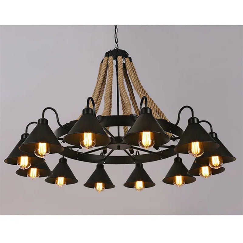 Iasos Industrial Farmhouse 12 Light Pendant Lamp Hemp Rope Chandelier Ceiling Fixture