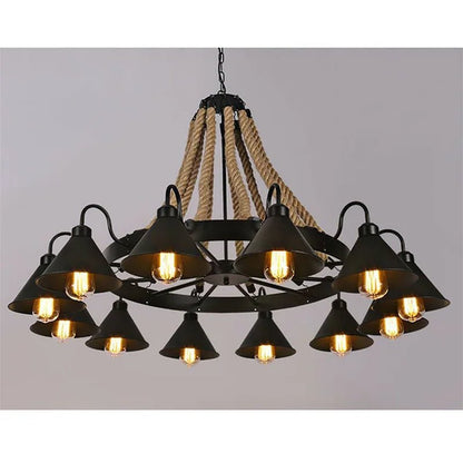 Iasos Industrial Farmhouse 12 Light Pendant Lamp Hemp Rope Chandelier Ceiling Fixture