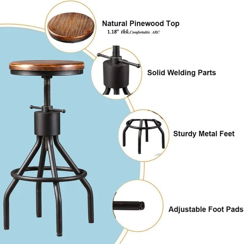 Swivel Solid Wood Adjustable Height Bar Stool