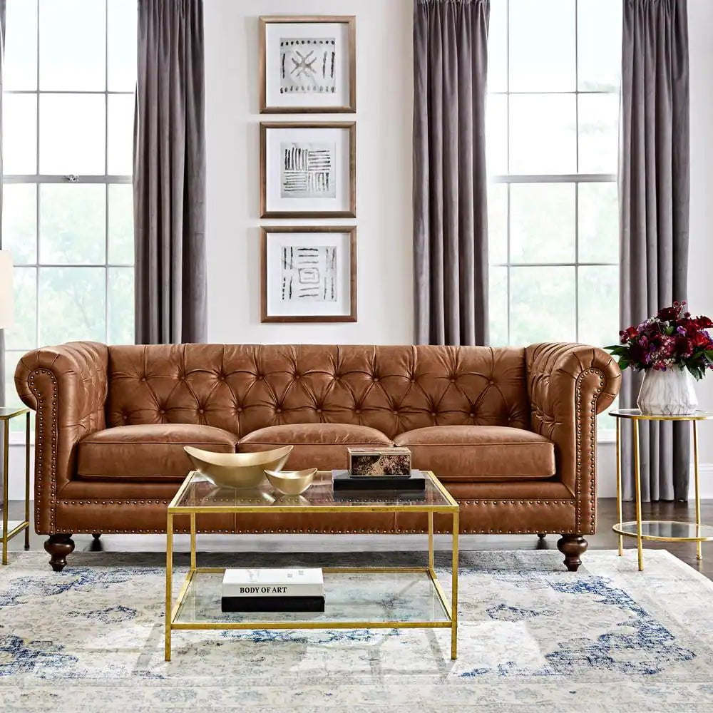 Blakely 95 In. Arena Vintage Brown Leather 3 - Seater Chesterfield Sofa with Removable Cushions