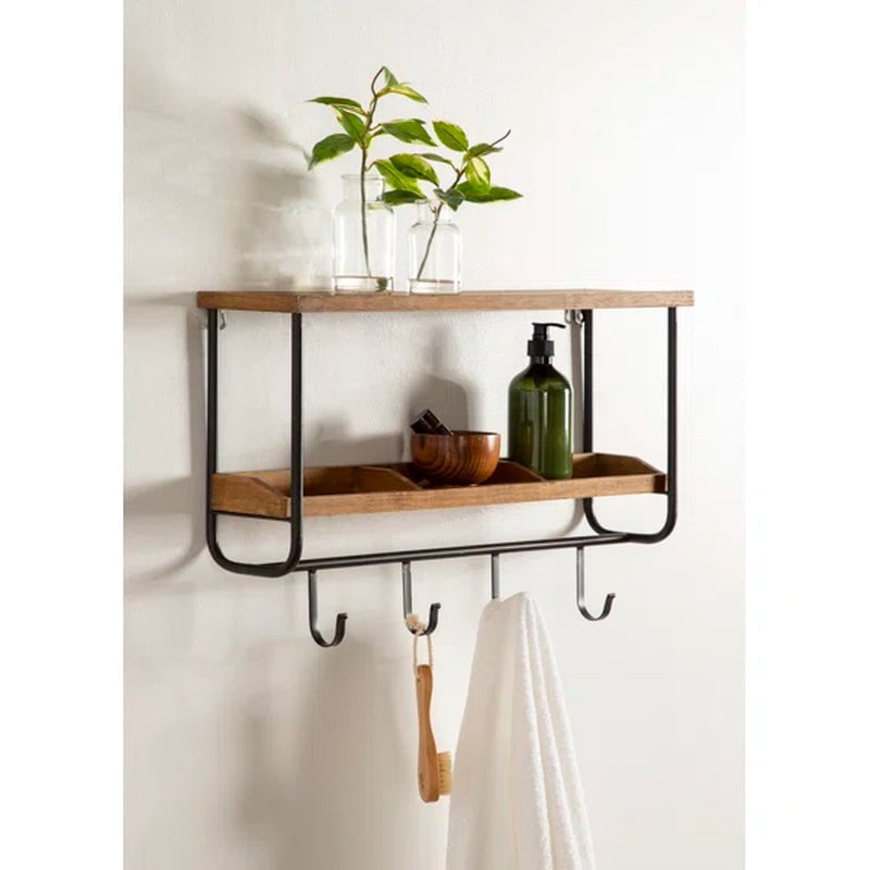 Oddell Wood Wall Shelf with Hooks 24X6X15 Rustic Brown