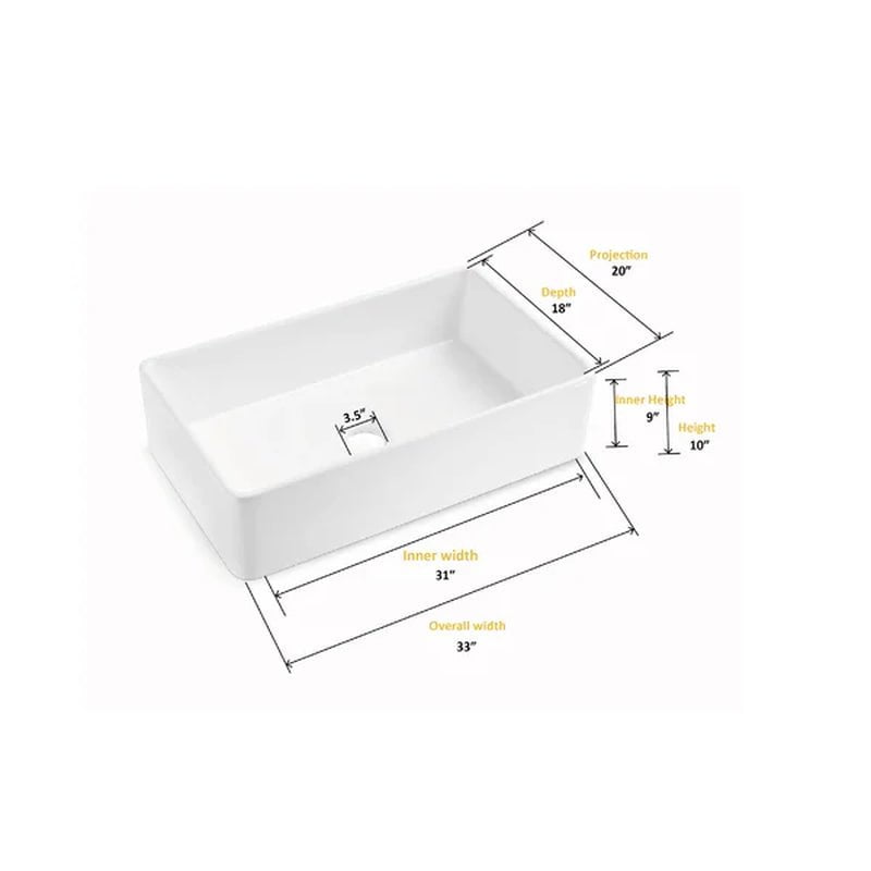 Edgware 33'' W Single Bowl Fireclay Farmhouse Kitchen Sink with 1 Faucet Hole