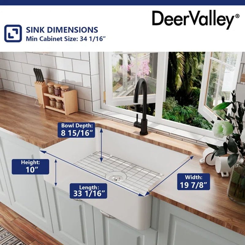 Feast 33" L X 20" W Farmhouse Kitchen Sink with Sink Grid and Basket Strainer