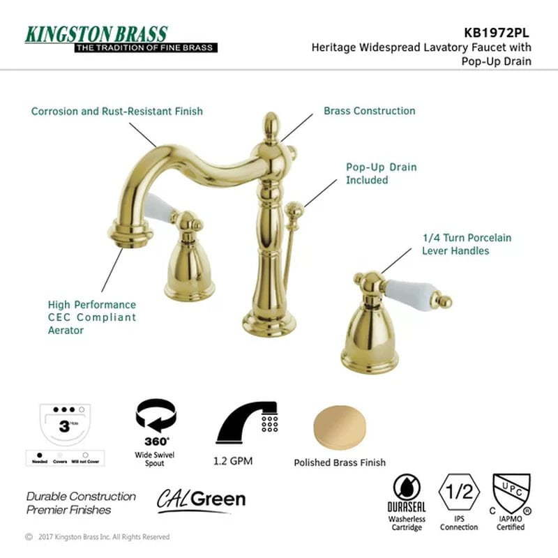 Heritage Widespread Faucet 2-Handle Bathroom Faucet with Drain Assembly