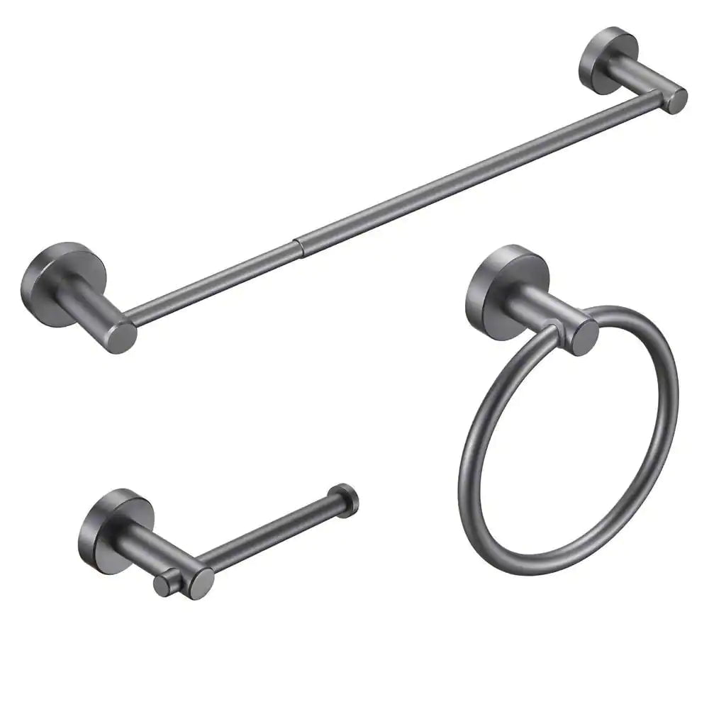 Modern 3-Piece Bath Hardware Set with Retractable Towel Bar*1, Towel Ring*1, Toilet Paper Holder*1 in Gray