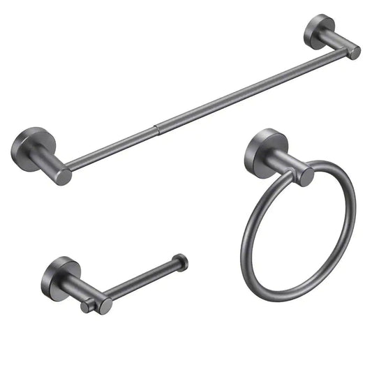 Modern 3-Piece Bath Hardware Set with Retractable Towel Bar*1, Towel Ring*1, Toilet Paper Holder*1 in Gray