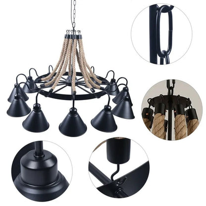 Iasos Industrial Farmhouse 12 Light Pendant Lamp Hemp Rope Chandelier Ceiling Fixture