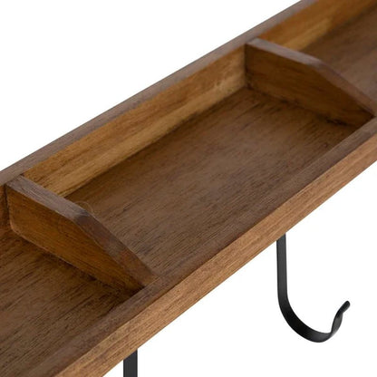 Oddell Wood Wall Shelf with Hooks 24X6X15 Rustic Brown