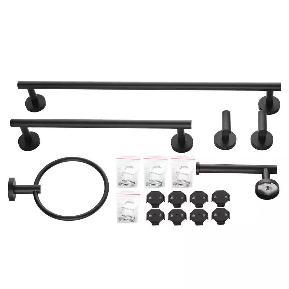 Modern 6-Pieces Bath Hardware Set with Towel Rail*2 Paper Towel Rack*1 Towel Ring*1 Hook*2 in Matte Black