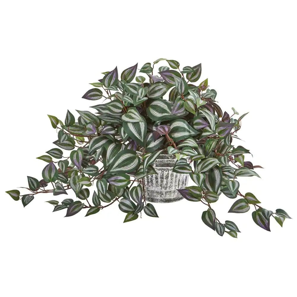 Indoor Artificial 15 In. Spiderwort Plant in Vintage Metal Hanging Planter