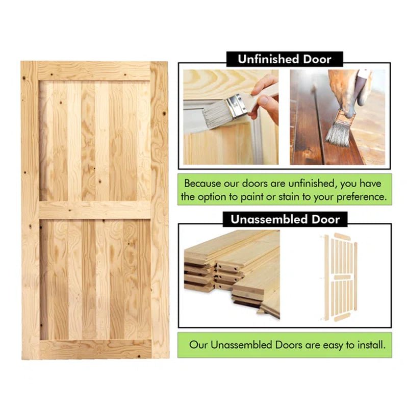 Paneled Solid Wood Unfinished Double Barn Door with Installation Hardware Kit