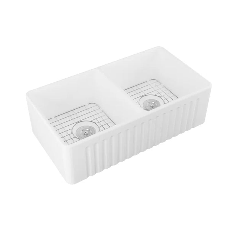 Eclipse 33" L X 18" W Double Basin Farmhouse Kitchen Sink with Sink Grid and Basket Strainer