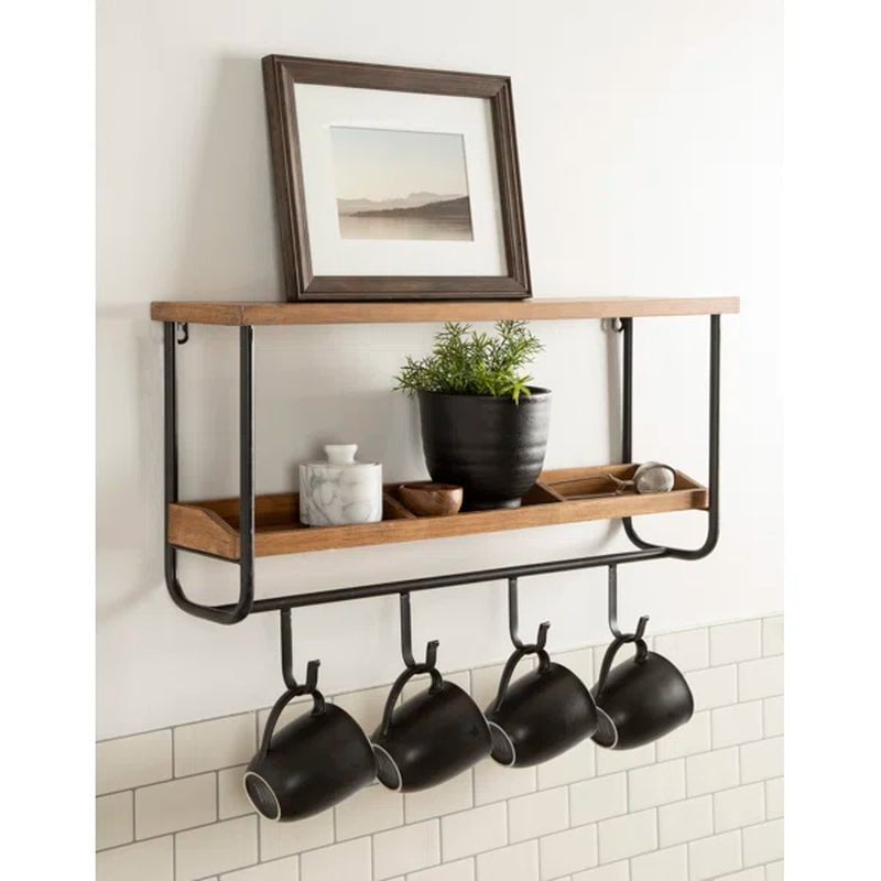 Oddell Wood Wall Shelf with Hooks 24X6X15 Rustic Brown
