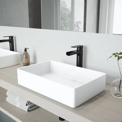 Matte Stone 13.875'' Matte Black Stone Rectangular Vessel Bathroom Sink with Faucet