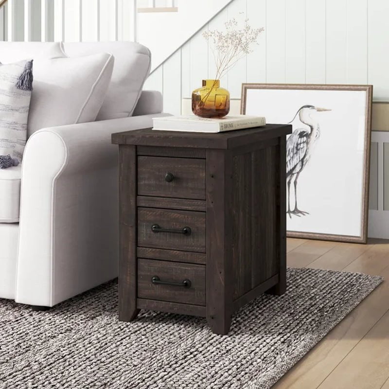 Westhoff 24'' Tall Solid Wood 3 - Drawer End Table and Built-In Outlets