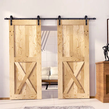 Paneled Solid Wood Unfinished Double Barn Door with Installation Hardware Kit