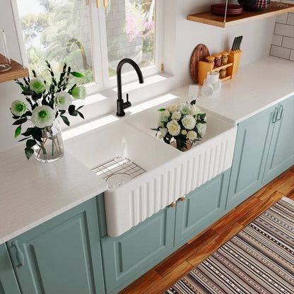 Eclipse 33" L X 18" W Double Basin Farmhouse Kitchen Sink with Sink Grid and Basket Strainer